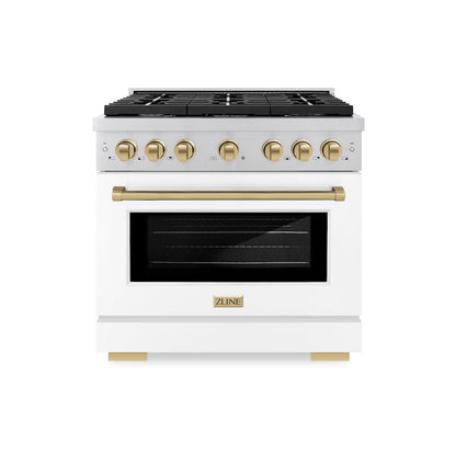 ZLINE Autograph Edition 36 in. 5.2 cu. ft. Paramount Gas Range with 6 Burner Cooktop and Convection Gas Oven in Stainless Steel with White Matte Door and Champagne Bronze Accents (SGRZ-WM-36-CB)