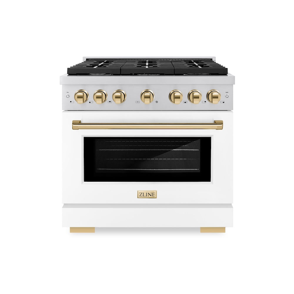 ZLINE Autograph Edition 36 in. 5.2 cu. ft. Paramount Gas Range with 6 Burner Cooktop and Convection Gas Oven in Stainless Steel with White Matte Door and Polished Gold Accents (SGRZ-WM-36-G)