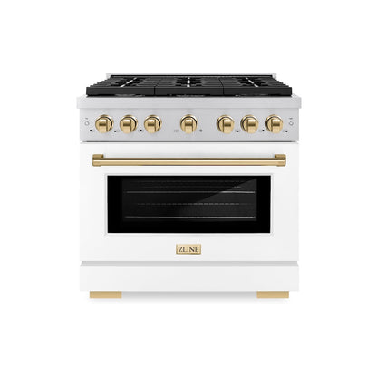 ZLINE Autograph Edition 36 in. 5.2 cu. ft. Paramount Gas Range with 6 Burner Cooktop and Convection Gas Oven in Stainless Steel with White Matte Door and Polished Gold Accents (SGRZ-WM-36-G)