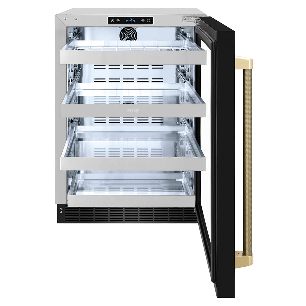 ZLINE Autograph Edition 24 in. Touchstone 151 Can Beverage Fridge with Black Stainless Steel Glass Door and Champagne Bronze Helix Handle (RBSOZ-BS-24-KCB)