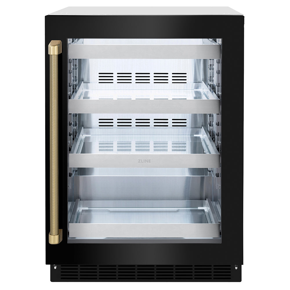 ZLINE Autograph Edition 24 in. Touchstone 151 Can Beverage Fridge with Black Stainless Steel Glass Door and Champagne Bronze Helix Handle (RBSOZ-BS-24-KCB)