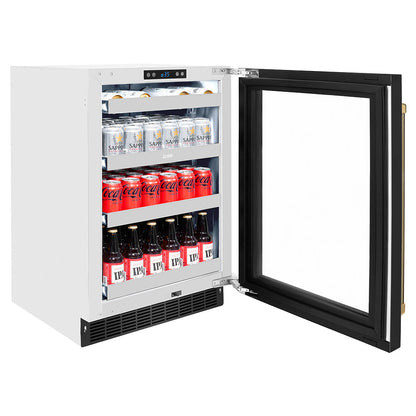 ZLINE Autograph Edition 24 in. Touchstone 151 Can Beverage Fridge with Black Stainless Steel Glass Door and Polished Gold Helix Handle (RBSOZ-BS-24-KG)