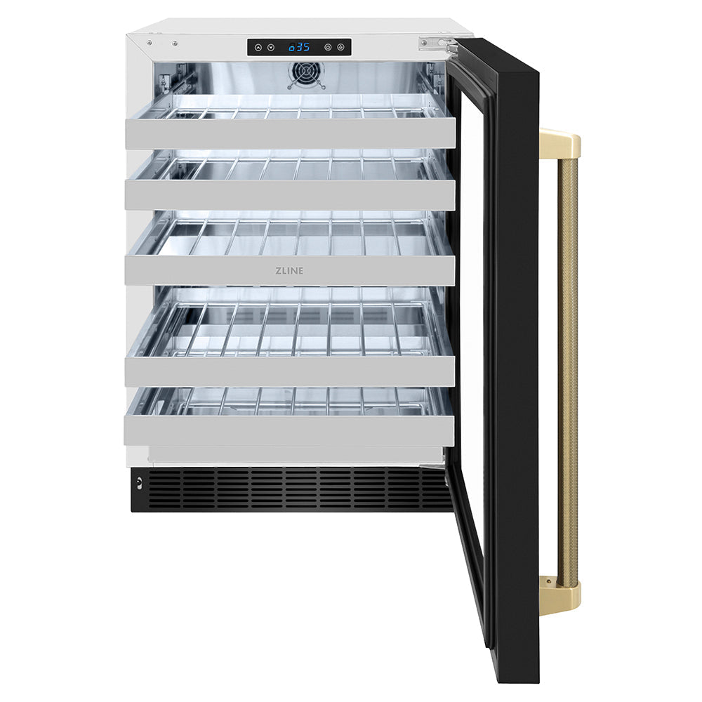 ZLINE Autograph Edition 24 in. Touchstone Dual Zone 44 Bottle Wine Cooler with Black Stainless Steel Glass Door and Champagne Bronze Helix Handle (RWDOZ-BS-24-KCB)