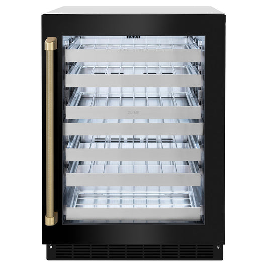 ZLINE Autograph Edition 24 in. Touchstone Dual Zone 44 Bottle Wine Cooler with Black Stainless Steel Glass Door and Champagne Bronze Helix Handle (RWDOZ-BS-24-KCB)