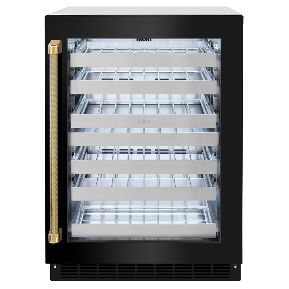 ZLINE Autograph Edition 24 in. Touchstone Dual Zone 44 Bottle Wine Cooler with Black Stainless Steel Glass Door and Polished Gold Helix Handle (RWDOZ-BS-24-KG)