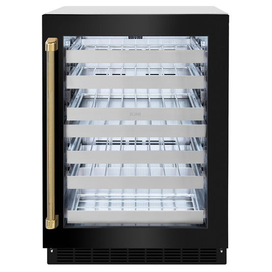 ZLINE Autograph Edition 24 in. Touchstone Dual Zone 44 Bottle Wine Cooler with Black Stainless Steel Glass Door and Polished Gold Helix Handle (RWDOZ-BS-24-KG)