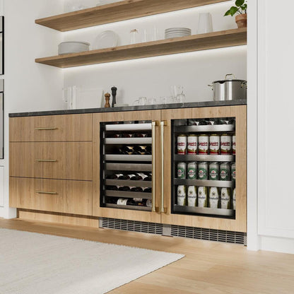ZLINE Autograph Edition 24 in. Touchstone Dual Zone 44 Bottle Wine Cooler With Panel Ready Glass Door And Champagne Bronze Handle (RWDPOZ-24-CB)