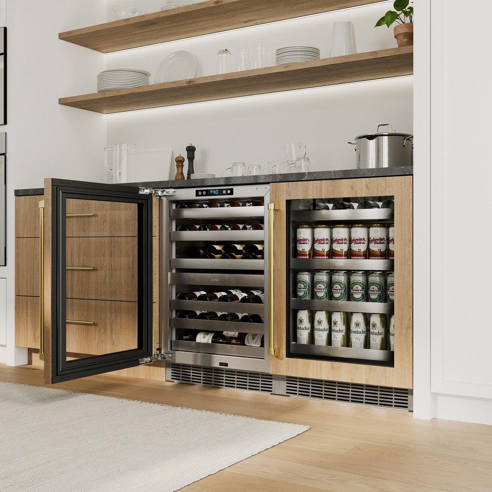 ZLINE Autograph Edition 24 in. Touchstone 151 Can Beverage Fridge With Panel Ready Glass Door And Polished Gold Handle (RBSPOZ-24-G)