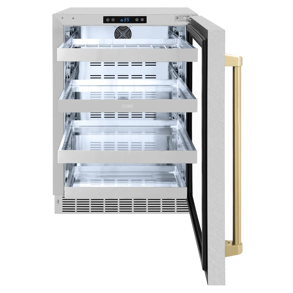 ZLINE Autograph Edition 24 in. Touchstone 151 Can Beverage Fridge With Satin Stainless Steel Glass Door And Champagne Bronze Handle (RBSOZ-SN-24-CB)
