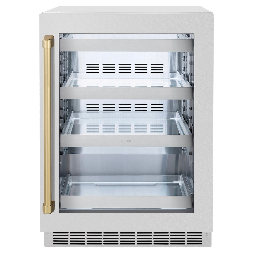 ZLINE Autograph Edition 24 in. Touchstone 151 Can Beverage Fridge With Satin Stainless Steel Glass Door And Champagne Bronze Handle (RBSOZ-SN-24-CB)