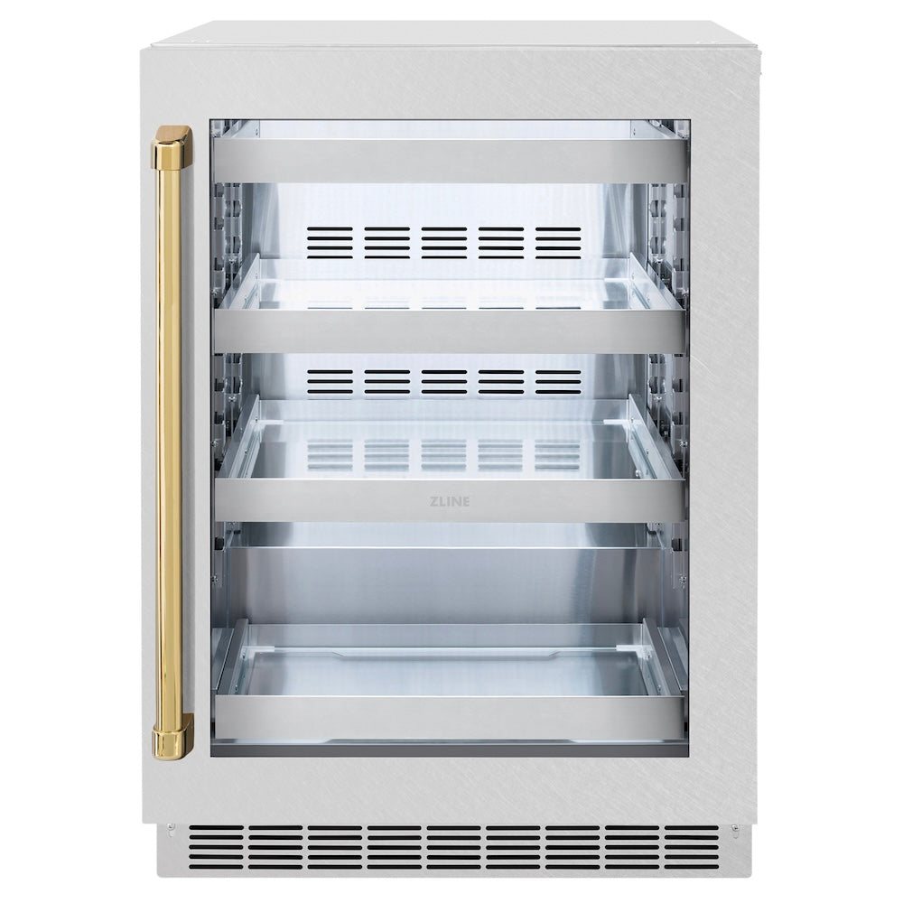 ZLINE Autograph Edition 24 in. Touchstone 151 Can Beverage Fridge With Satin Stainless Steel Glass Door And Polished Gold Handle (RBSOZ-SN-24-G)