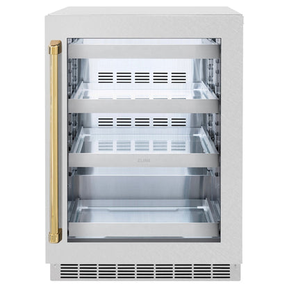 ZLINE Autograph Edition 24 in. Touchstone 151 Can Beverage Fridge With Satin Stainless Steel Glass Door And Polished Gold Handle (RBSOZ-SN-24-G)