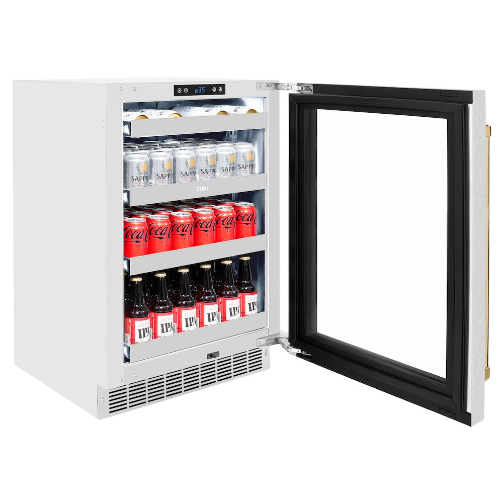 ZLINE Autograph Edition 24 in. Touchstone 151 Can Beverage Fridge With Satin Stainless Steel Glass Door And Polished Gold Handle (RBSOZ-SN-24-G)