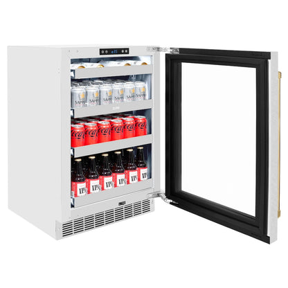 ZLINE Autograph Edition 24 in. Touchstone 151 Can Beverage Fridge With Satin Stainless Steel Glass Door And Polished Gold Handle (RBSOZ-SN-24-G)