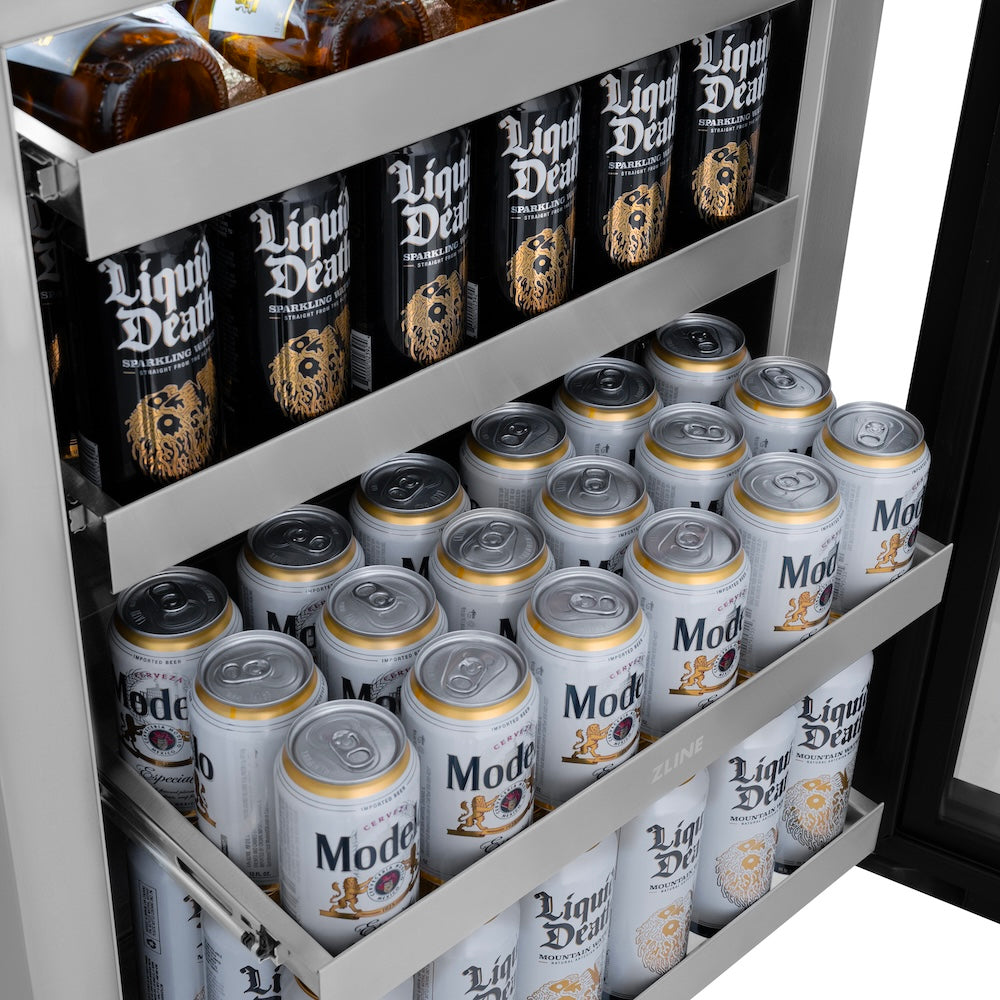 ZLINE Autograph Edition 24 in. Touchstone 151 Can Beverage Fridge With Satin Stainless Steel Glass Door And Matte Black Handle (RBSOZ-SN-24-MB)