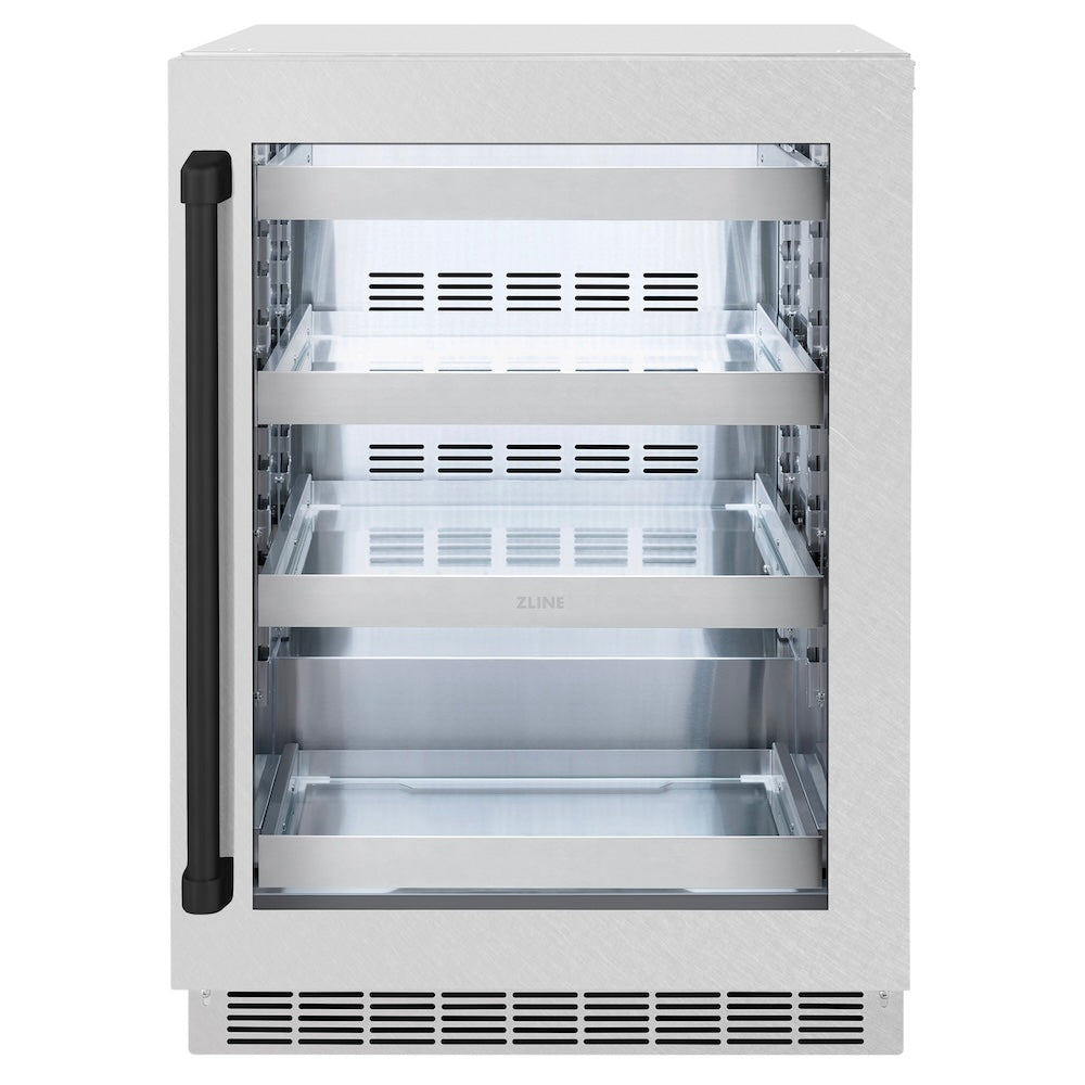 ZLINE Autograph Edition 24 in. Touchstone 151 Can Beverage Fridge With Satin Stainless Steel Glass Door And Matte Black Handle (RBSOZ-SN-24-MB)