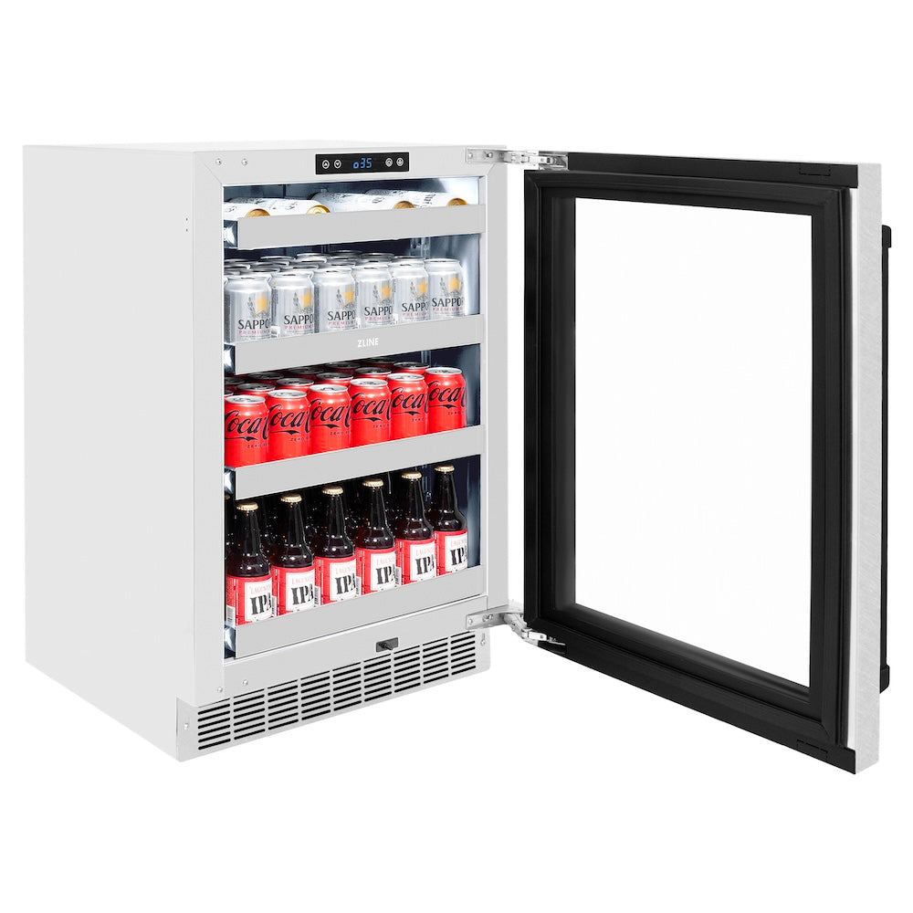 ZLINE Autograph Edition 24 in. Touchstone 151 Can Beverage Fridge With Satin Stainless Steel Glass Door And Matte Black Handle (RBSOZ-SN-24-MB)