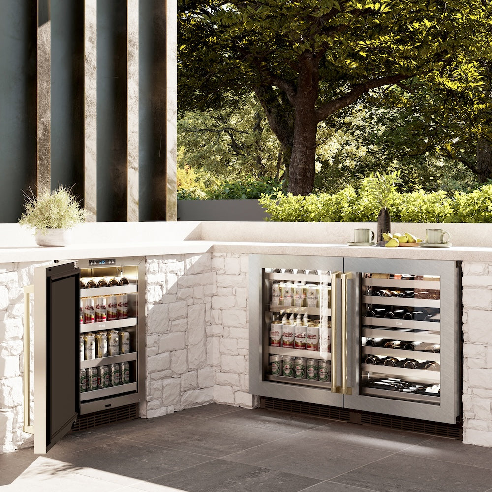 ZLINE Autograph Edition 24 in. Touchstone Dual Zone 44 Bottle Wine Cooler with Satin Stainless Steel Glass Door and Champagne Bronze Handle (RWDOZ-SN-24-CB)