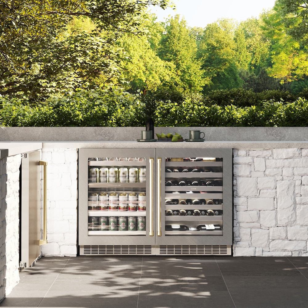 ZLINE Autograph Edition 24 in. Touchstone Dual Zone 44 Bottle Wine Cooler with Satin Stainless Steel Glass Door and Champagne Bronze Handle (RWDOZ-SN-24-CB)