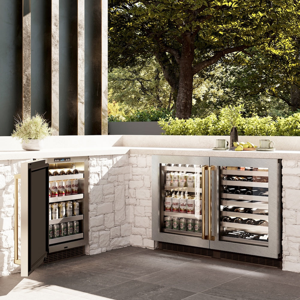 ZLINE Autograph Edition 24 in. Touchstone Dual Zone 44 Bottle Wine Cooler with Satin Stainless Steel Glass Door and Polished Gold Handle (RWDOZ-SN-24-G)