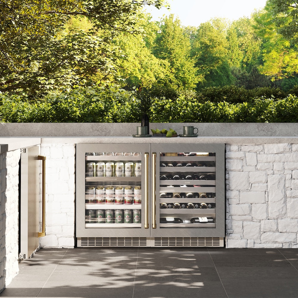 ZLINE Autograph Edition 24 in. Touchstone Dual Zone 44 Bottle Wine Cooler with Satin Stainless Steel Glass Door and Polished Gold Handle (RWDOZ-SN-24-G)