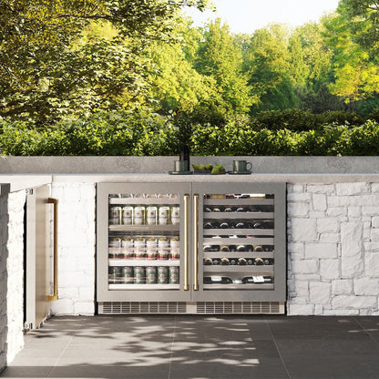 ZLINE Autograph Edition 24 in. Touchstone Dual Zone 44 Bottle Wine Cooler with Satin Stainless Steel Glass Door and Polished Gold Handle (RWDOZ-SN-24-G)