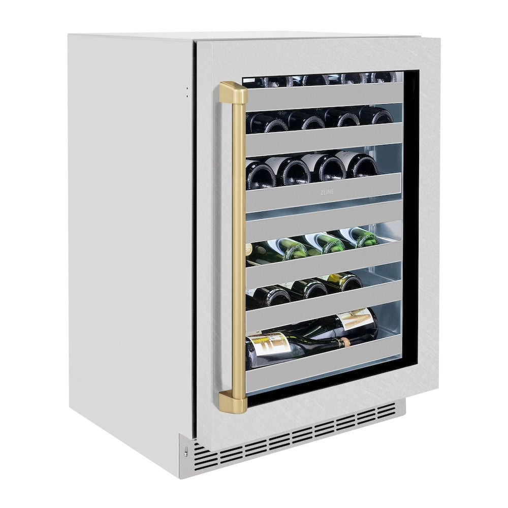ZLINE Autograph Edition 24 in. Touchstone Dual Zone 44 Bottle Wine Cooler with Satin Stainless Steel Glass Door and Champagne Bronze Handle (RWDOZ-SN-24-CB)