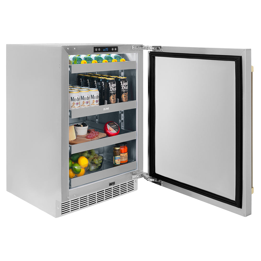 ZLINE Autograph Edition 24 in. Touchstone 151 Can Beverage Fridge with Solid Stainless Steel Door and Champagne Bronze Helix Handle (RBSOZ-ST-24-KCB)
