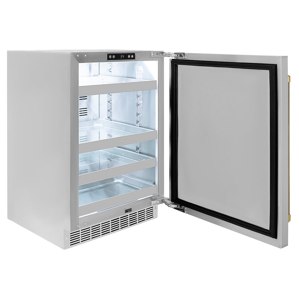 ZLINE Autograph Edition 24 in. Touchstone 151 Can Beverage Fridge with Solid Stainless Steel Door and Polished Gold Helix Handle (RBSOZ-ST-24-KG)