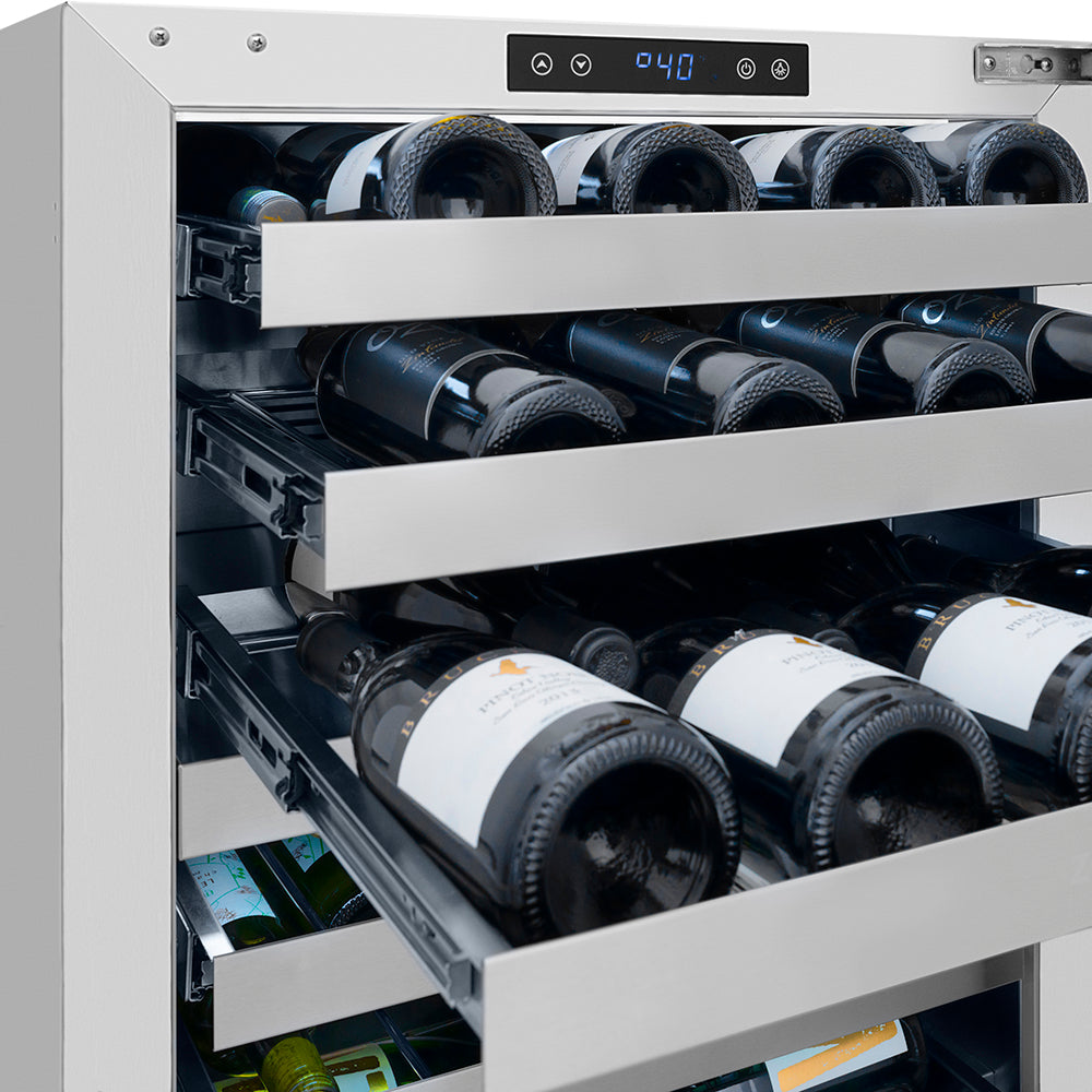 ZLINE Autograph Edition 24 in. Touchstone Dual Zone 44 Bottle Wine Cooler with Stainless Steel Glass Door and Champagne Bronze Helix Handle (RWDOZS-24-KCB)