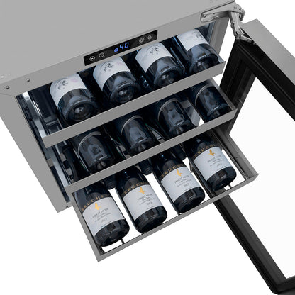 ZLINE Autograph Edition 24 in. Touchstone Dual Zone 44 Bottle Wine Cooler with Stainless Steel Glass Door and Champagne Bronze Helix Handle (RWDOZS-24-KCB)