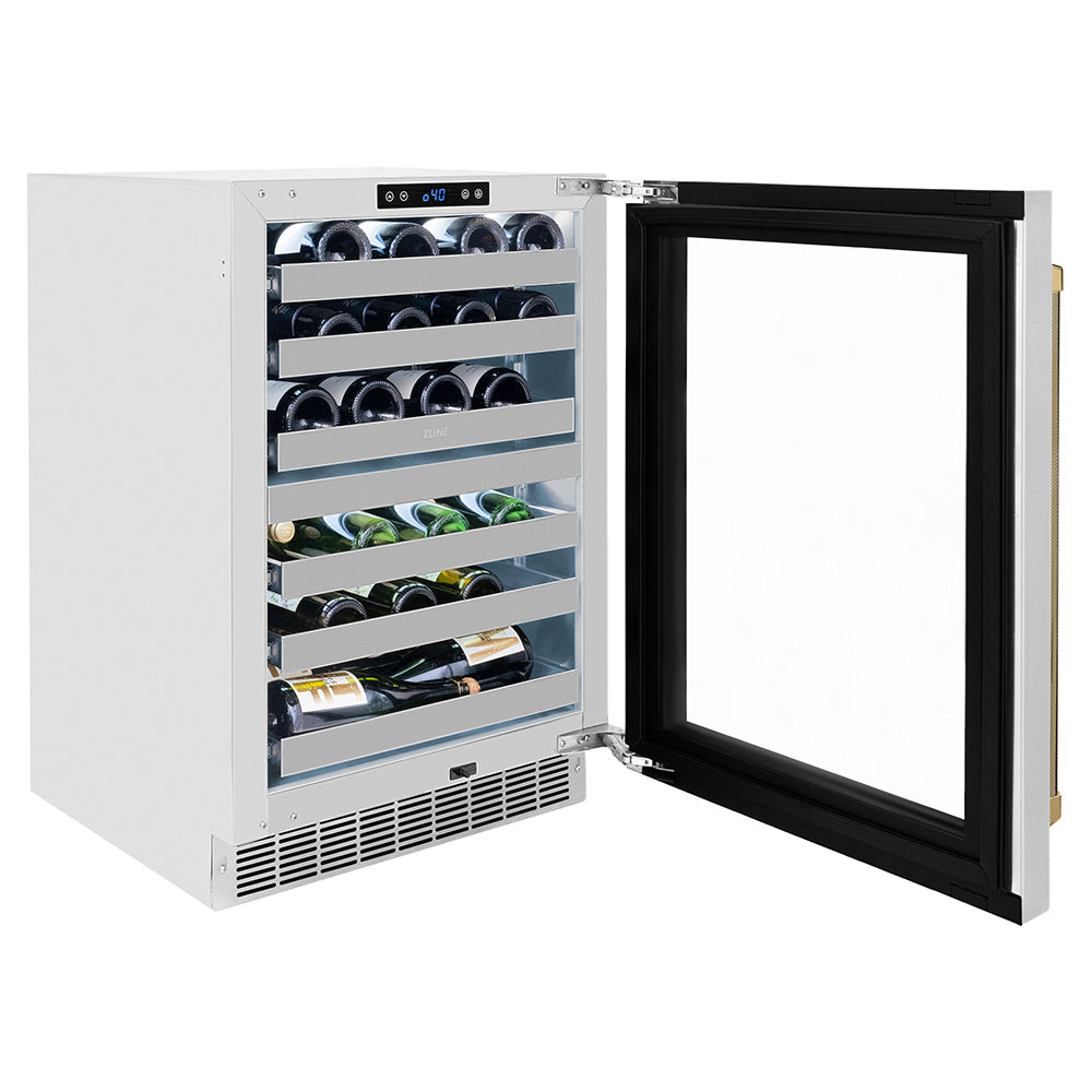 ZLINE Autograph Edition 24 in. Touchstone Dual Zone 44 Bottle Wine Cooler with Stainless Steel Glass Door and Polished Gold Helix Handle (RWDOZS-24-KG)