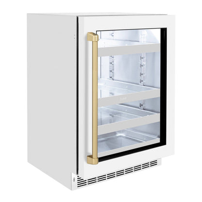 ZLINE Autograph Edition 24 in. Touchstone 151 Can Beverage Fridge With White Matte Glass Door And Champagne Bronze Handle (RBSOZ-WM-24-CB)