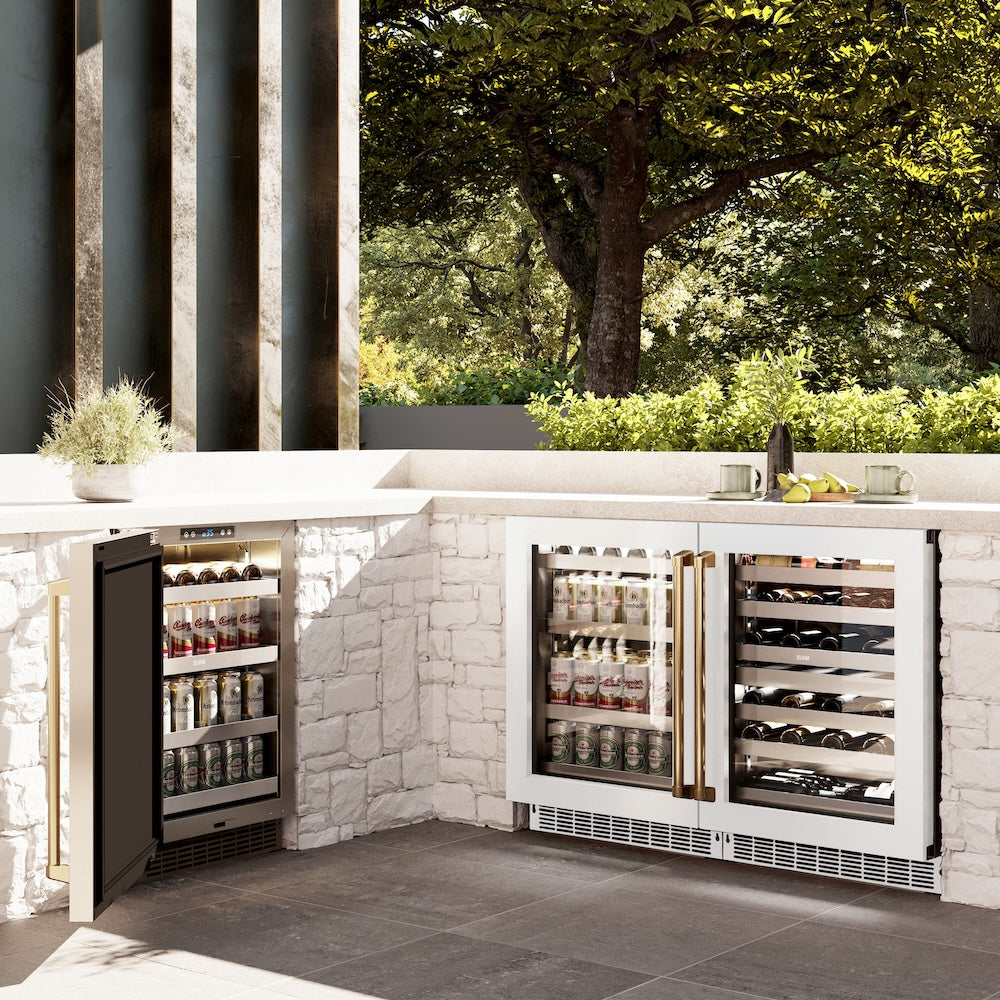 ZLINE Autograph Edition 24 in. Touchstone Dual Zone 44 Bottle Wine Cooler With White Matte Glass Door And Polished Gold Handle (RWDOZ-WM-24-G)
