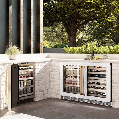ZLINE Autograph Edition 24 in. Touchstone Dual Zone 44 Bottle Wine Cooler With White Matte Glass Door And Polished Gold Handle (RWDOZ-WM-24-G)