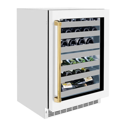 ZLINE Autograph Edition 24 in. Touchstone Dual Zone 44 Bottle Wine Cooler With White Matte Glass Door And Polished Gold Handle (RWDOZ-WM-24-G)