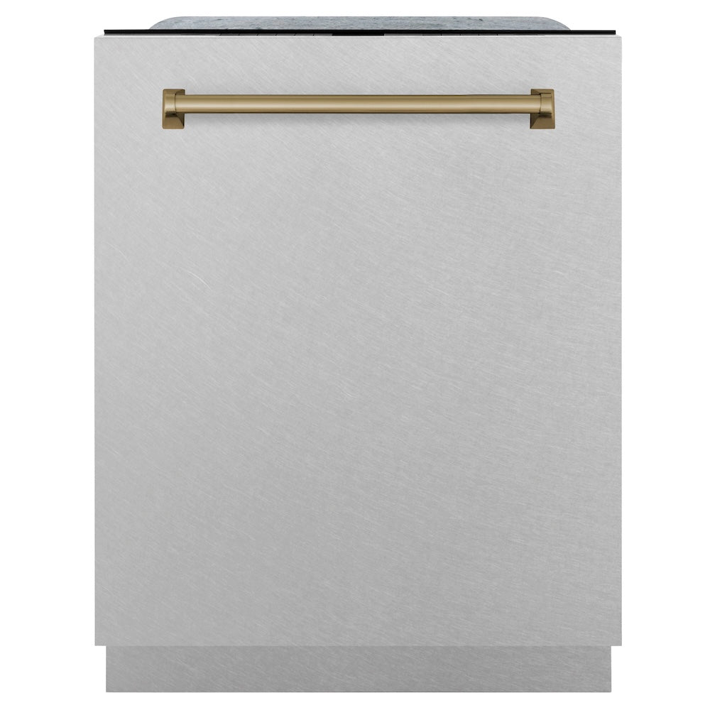 ZLINE Autograph Edition 24 in. Monument Series 3rd Rack Top Touch Control Tall Tub Dishwasher with Satin Stainless Steel Panel and Champagne Bronze Handle, 45dBa (DWMTZ-SN-24-CB)