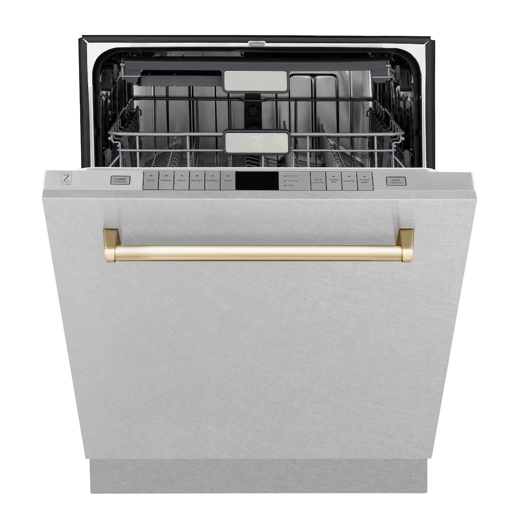 ZLINE Autograph Edition 24 in. Monument Series 3rd Rack Top Touch Control Tall Tub Dishwasher with Satin Stainless Steel Panel and Polished Gold Handle, 45dBa (DWMTZ-SN-24-G)
