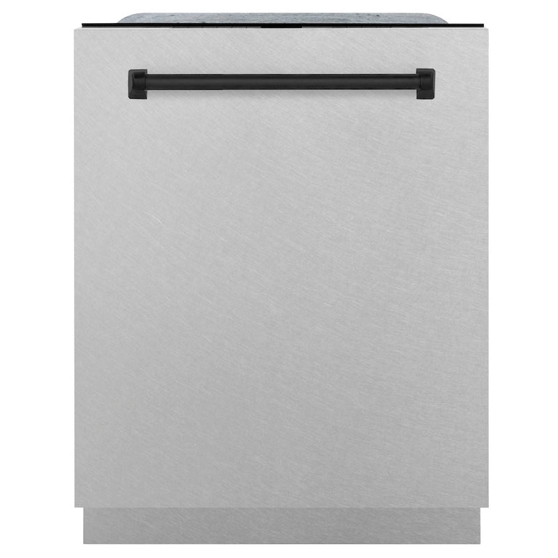 ZLINE Autograph Edition 24 in. Monument Series 3rd Rack Top Control Built-In Tall Tub Dishwasher with Satin Stainless Steel Panel and Matte Black Handle, 45dBa (DWMTZ-SN-24-MB)