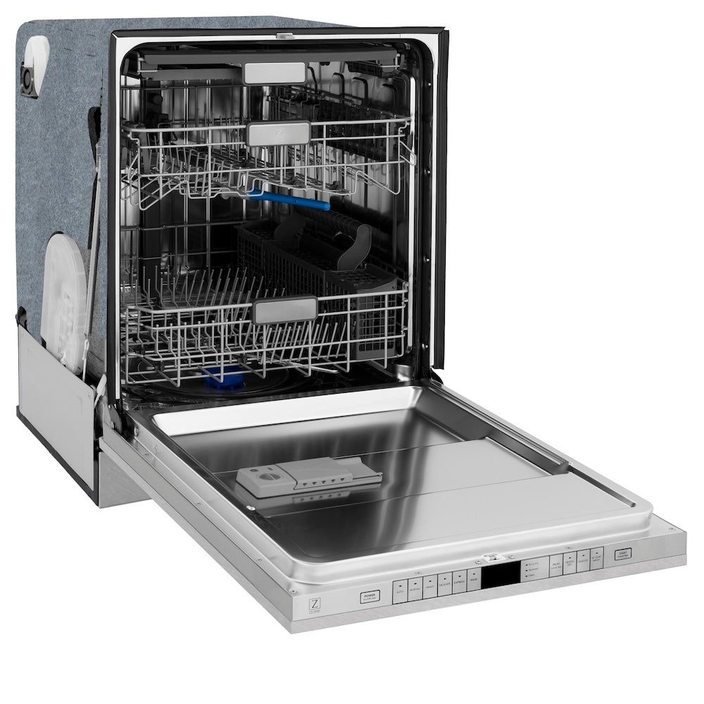 ZLINE Autograph Edition 24 in. Monument Series 3rd Rack Top Control Built-In Tall Tub Dishwasher with Satin Stainless Steel Panel and Matte Black Handle, 45dBa (DWMTZ-SN-24-MB)