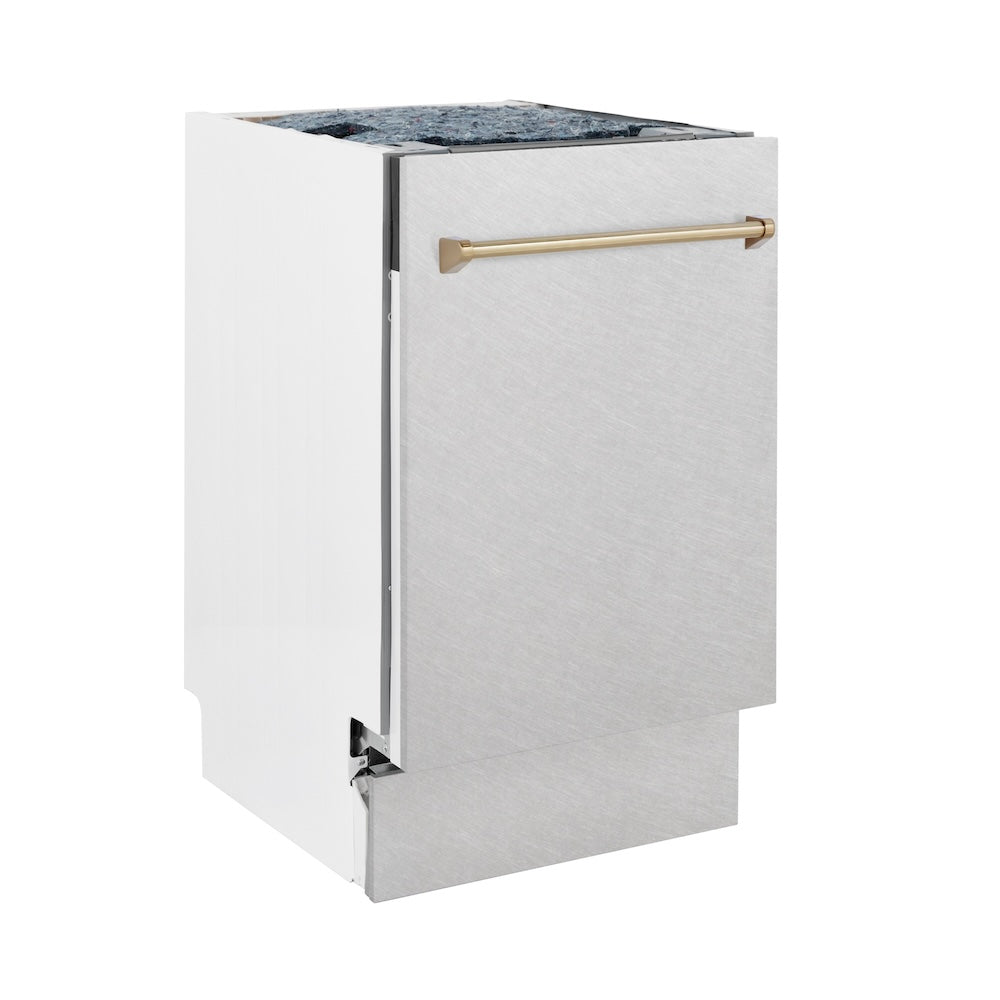 ZLINE Autograph Edition 18 in. Tallac Series 3rd Rack Top Control Built-In Dishwasher with Satin Stainless Steel Panel and Champagne Bronze Handle, 51dBa (DWVZ-SN-18-CB)