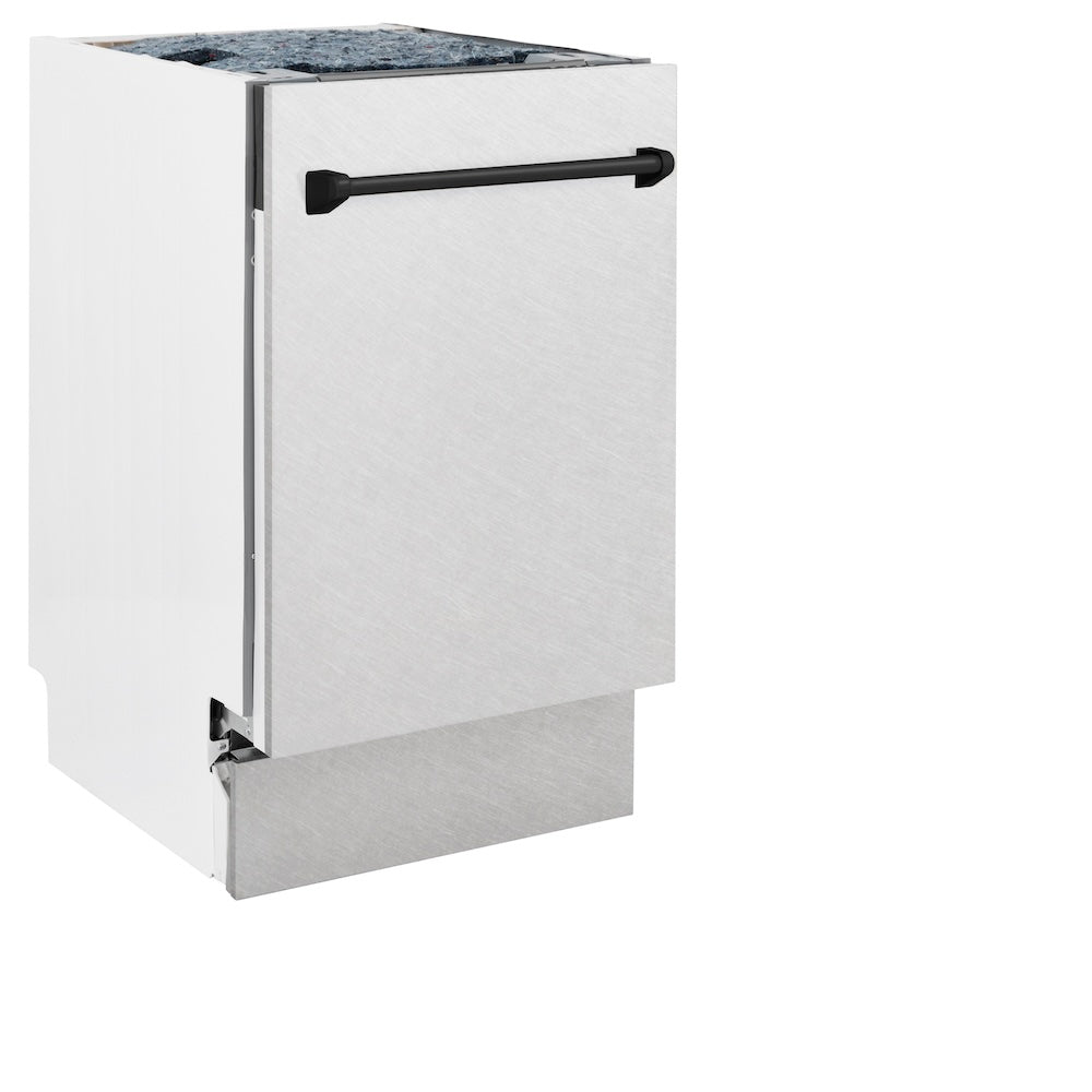 ZLINE Autograph Edition 18 in. Tallac Series 3rd Rack Top Control Built-In Dishwasher with Satin Stainless Steel Panel and Matte Black Handle, 51dBa (DWVZ-SN-18-MB)