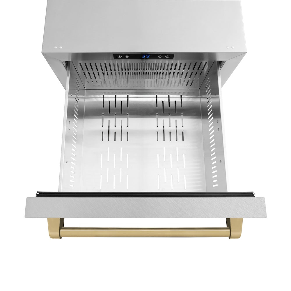 ZLINE Autograph Edition 24 in. Touchstone 168 Can Outdoor-Rated Dual Refrigerator Drawer with Satin Stainless Steel Doors and Champagne Bronze Handles (RDSOZ-SN-24-CB)