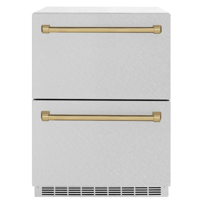 ZLINE Autograph Edition 24 in. Touchstone 168 Can Outdoor-Rated Dual Refrigerator Drawer with Satin Stainless Steel Doors and Champagne Bronze Handles (RDSOZ-SN-24-CB)
