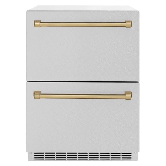 ZLINE Autograph Edition 24 in. Touchstone 168 Can Outdoor-Rated Dual Refrigerator Drawer with Satin Stainless Steel Doors and Champagne Bronze Handles (RDSOZ-SN-24-CB)