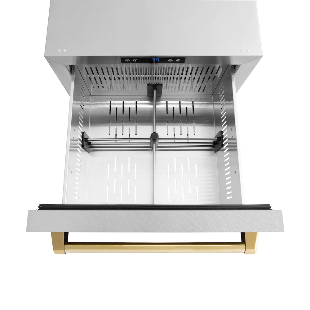 ZLINE Autograph Edition 24 in. Touchstone 168 Can Outdoor-Rated Dual Refrigerator Drawer with Satin Stainless Steel Doors and Polished Gold Handles (RDSOZ-SN-24-G)