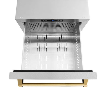 ZLINE Autograph Edition 24 in. Touchstone 168 Can Outdoor-Rated Dual Refrigerator Drawer with Satin Stainless Steel Doors and Polished Gold Handles (RDSOZ-SN-24-G)