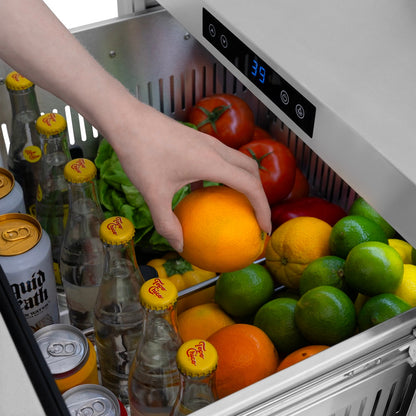 ZLINE Autograph Edition 24 in. Touchstone 168 Can Outdoor-Rated Dual Refrigerator Drawer with Satin Stainless Steel Doors and Polished Gold Handles (RDSOZ-SN-24-G)