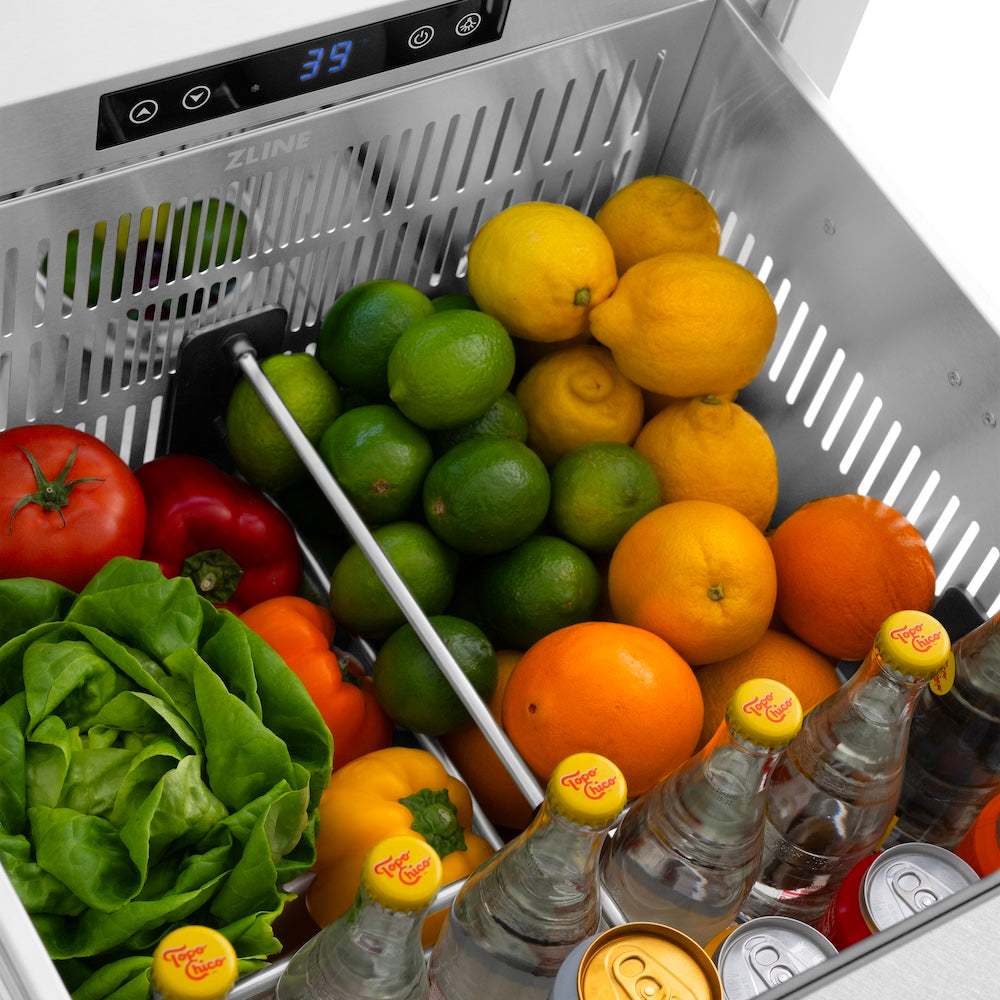 ZLINE Autograph Edition 24 in. Touchstone 168 Can Outdoor-Rated Dual Refrigerator Drawer with Satin Stainless Steel Doors and Polished Gold Handles (RDSOZ-SN-24-G)