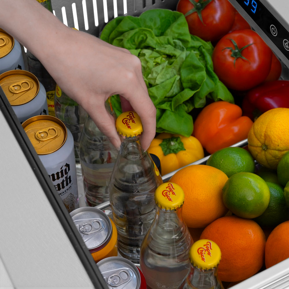 ZLINE Autograph Edition 24 in. Touchstone 168 Can Outdoor-Rated Dual Refrigerator Drawer with Satin Stainless Steel Doors and Polished Gold Handles (RDSOZ-SN-24-G)